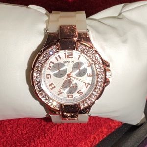 New Rose Gold Rhinestone Watch w/Rubber White Band
